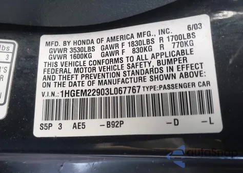 2003 Honda Civic Ex from USA, damaged, VIN 1HGEM22903L067767